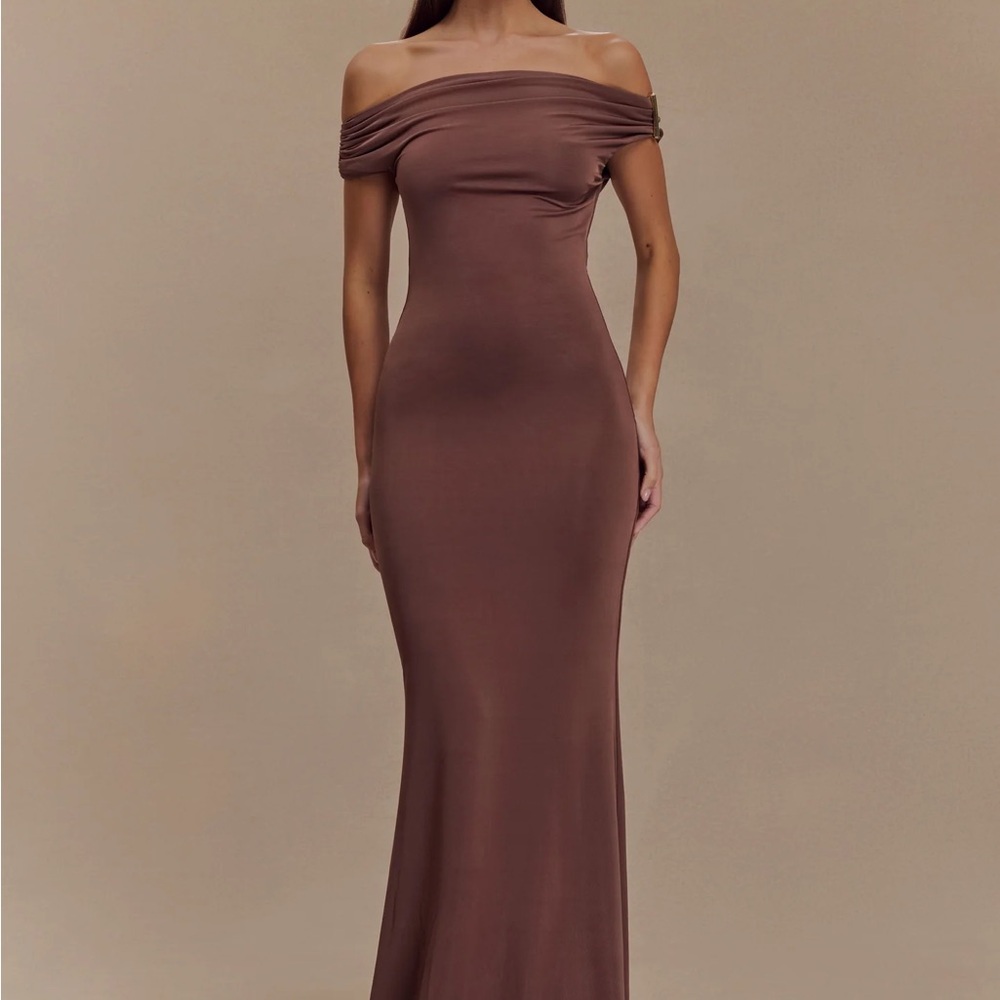 Meshki Off-Shoulder Chocolate Brown Maxi Dress